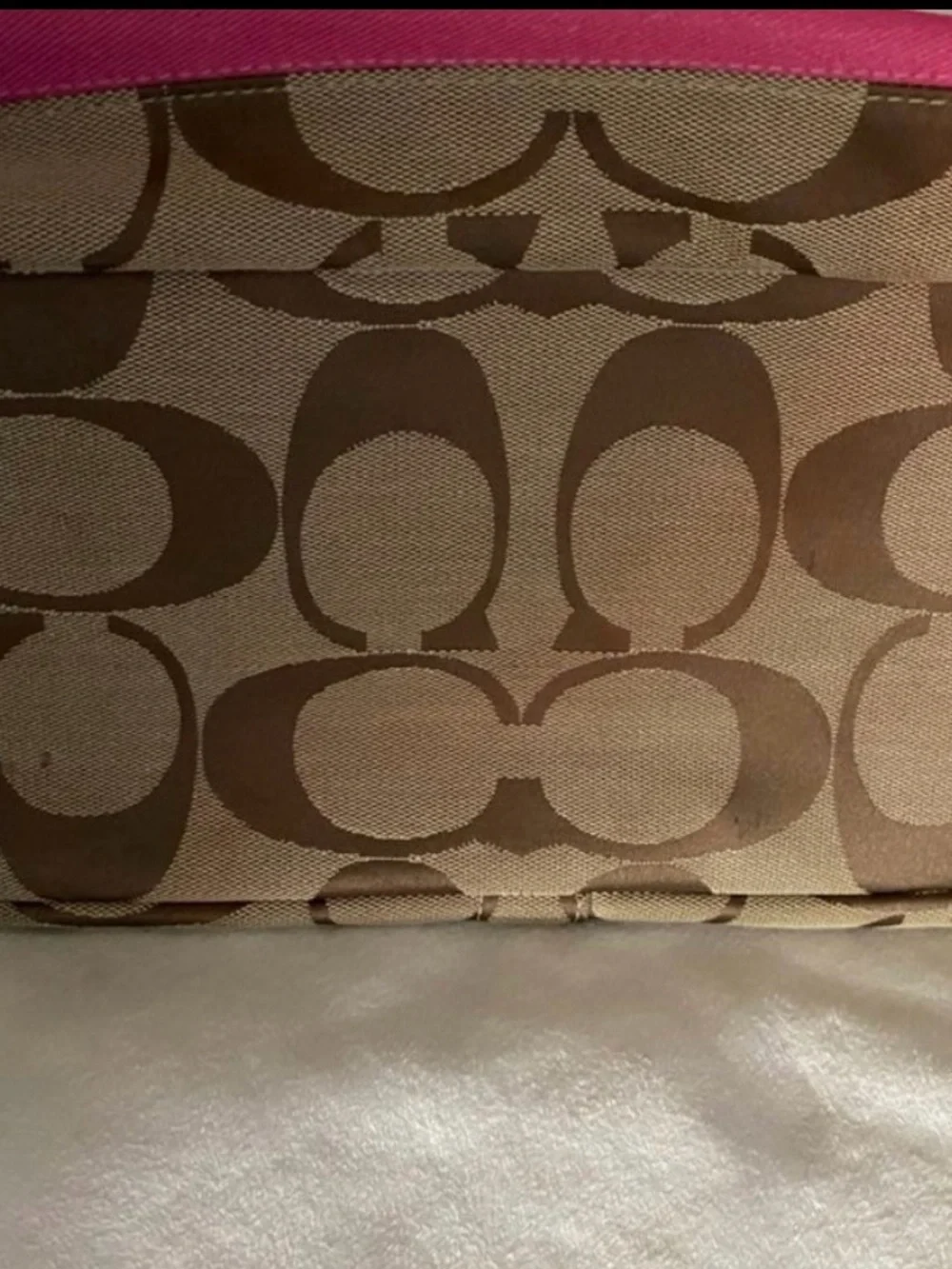 Coach Brown Signature Canvas Tote with Pink Trim